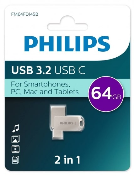 Накопитель USB 3.2 64GB Philips FM64FD145B/97 Type-C, OTG, USB 3.2/Type-C, Металл, 100 MB/s