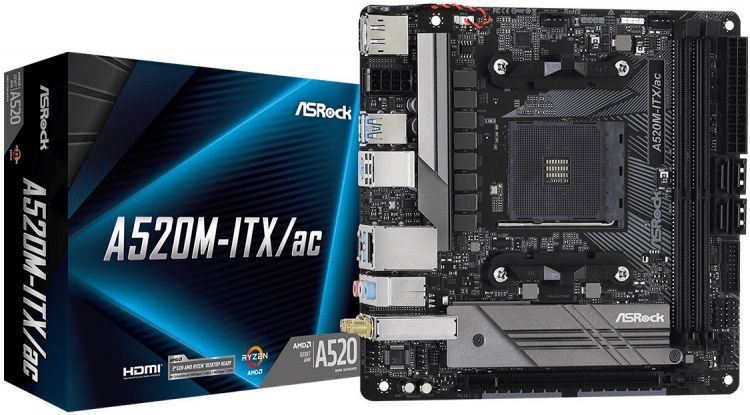   Xcom-Shop Материнская плата mini-ITX ASRock A520M-ITX/AC (AM4, AMD A520, 2*DDR4(4733), 4*SATA 6G RAID, M.2, PCIE, 7.1CH, Glan, WiFi, BT, 5*USB 3.2/USB Type-C, H