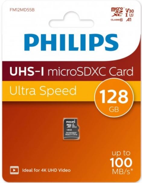 Карта памяти MicroSDXC 128GB Philips FM12MD55B/97 High Speed Class UHS-I U3, V30, A1, 100MB/s