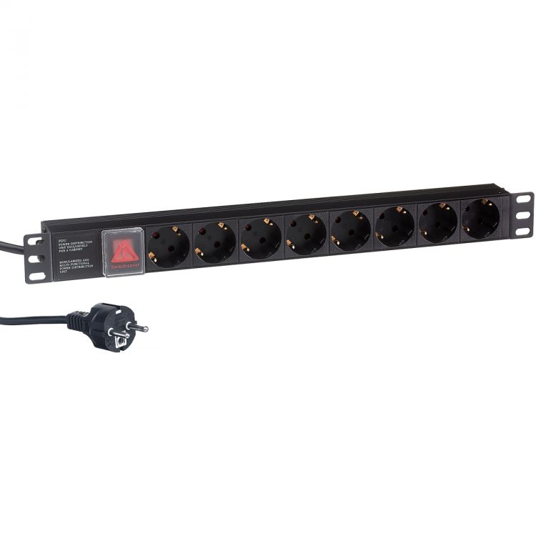 Блок розеток Exegate ServerPro PDU-19H805 Al-8S-EU3CU-SW EX280844RUS (19, 1U, Алюминий, 8 Schuko, кабель с евровилкой VDE-250V-16A-3*1.5mm2, медь, 3