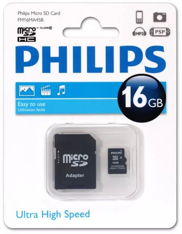 Карта памяти MicroSDHC 16GB Philips FM16MA45B/97 Class 10 (SD адаптер)