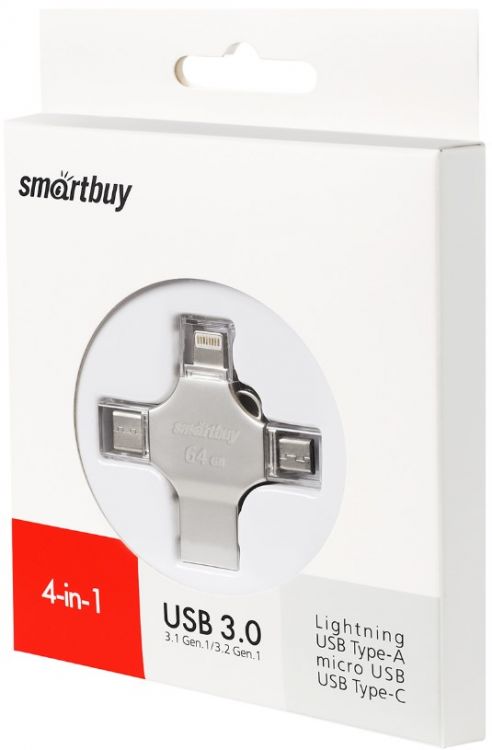 Накопитель USB 3.0 32GB SmartBuy SB064GBMC15 MC15 Metal Quad 4-in-1 (Lightning + USB Type-A + USB Type-C + micro USB) серебро металл