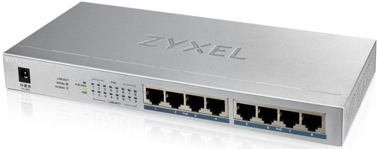 Коммутатор PoE ZYXEL GS1008HP 8xGE PoE+, настольный, металлический, бесшумный, бюджет PoE 60 Вт