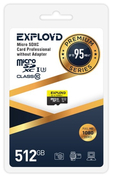 Карта памяти MicroSDXC 512GB Exployd EX512GCSDXC10UHS-1-ElU3 w Class 10 Premium UHS-I U3 (95 Mb/s) без адаптера