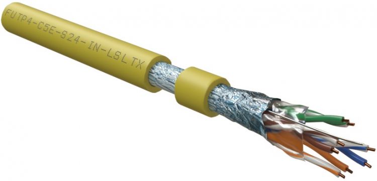  Кабель витая пара F/UTP 5e кат. 4 пары Hyperline FUTP4-C5E-S24-IN-LSLTX-YL-305 (305 м) (24 AWG), одножильный (solid), экран - фольга, нг(А)-LSLTx, вну