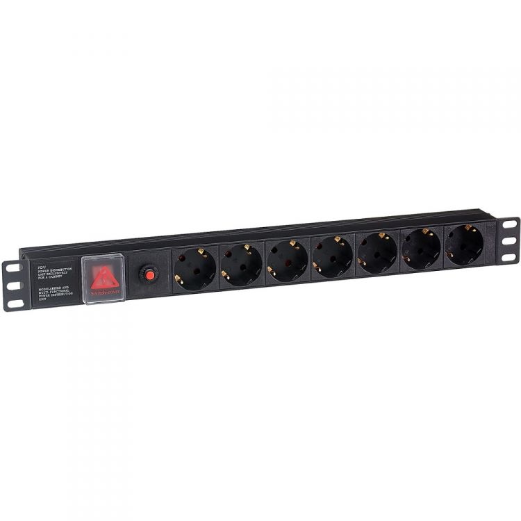 Блок розеток Exegate ServerPro PDU-19H702 Al-7S-C14-SW-O EX280837RUS (19, 1U, Алюминий, 7 Schuko, С14, защита от перегрузки, черный, RTL)