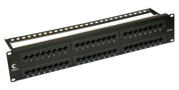 Патч-панель Cabeus PL-48-Cat.6A-Dual 19, 2U, Cat 6A, 48 портов RJ45 (8p8c), неэкранированная, Dual IDC (110/KRONE)