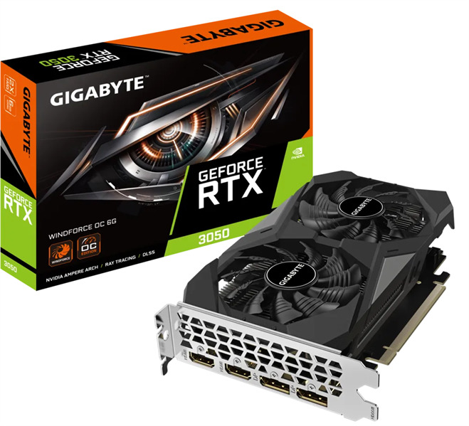 Видеокарта PCI-E GIGABYTE GeForce RTX3050 WINDFORCE OC (GV-N3050WF2OC-6GD) 6GB GDDR6 96bit 8nm 1477/14000MHz 2xDP 2xHDMI RTL