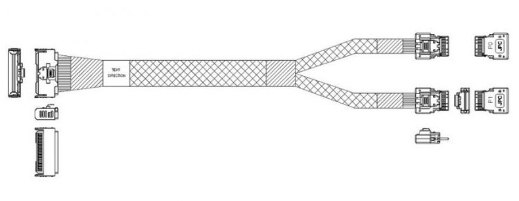 Кабель JPC P7332DN10800-1 MCIO x8 74P (прямой Straight Type) -TO- 2x Slimline SAS x4 38P (SFF8654, прямой Straight Type) , 85 Ohm, L:80cm (CMC254)