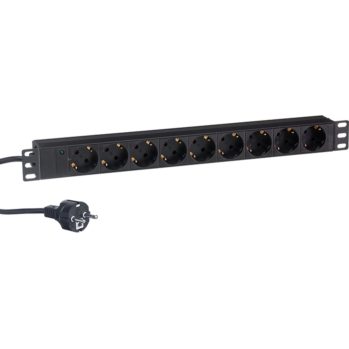 Блок розеток Exegate ServerPro PDU-19H902 Al-9S-EU1.8CU EX280848RUS (19, 1U, Алюминий, 9 Schuko, кабель с евровилкой VDE-250V-16A-3*1.5mm2, медь, 1.8