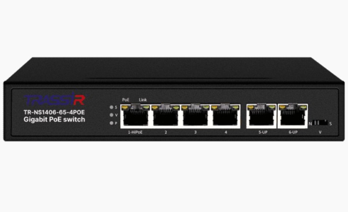 Коммутатор неуправляемый TRASSIR TR-NS1406-65-4POE с 4 PoE портами (10/100/1000 Мбит/с (Base-T)), 2 Uplink (10/100/1000 Мбит/с (Base-T))