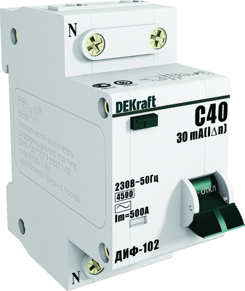 Автоматический выключатель дифф. тока (АВДТ) DEKraft 16002DEK 1Р+N 10А 30мА тип AC (С) 4,5кА