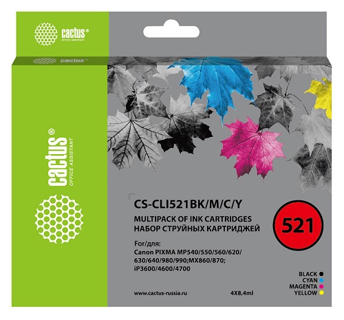 Картридж Cactus CS-CLI521BK/M/C/Y черный/голубой/желтый/пурпурный (33.6мл) для Canon MP540/MP550/MP620/MP630/MP640