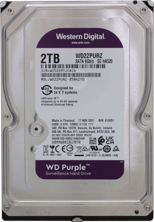 HDD 3.5 SATA for NAS Жесткий диск 2TB SATA 6Gb/s Western Digital WD22PURZ WD Purple, 3.5, 256MB, 5400rpm