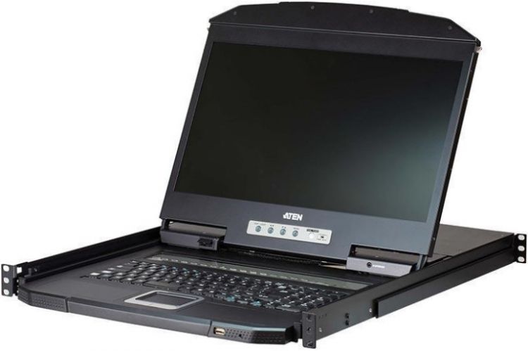 8-и портовые Переключатель KVM Aten CL3108NX 8-портовый укороченной глубины, Single Rail, с широкоэкранным ЖК-дисплеем и интерфейсами PS/2-USB, VGA