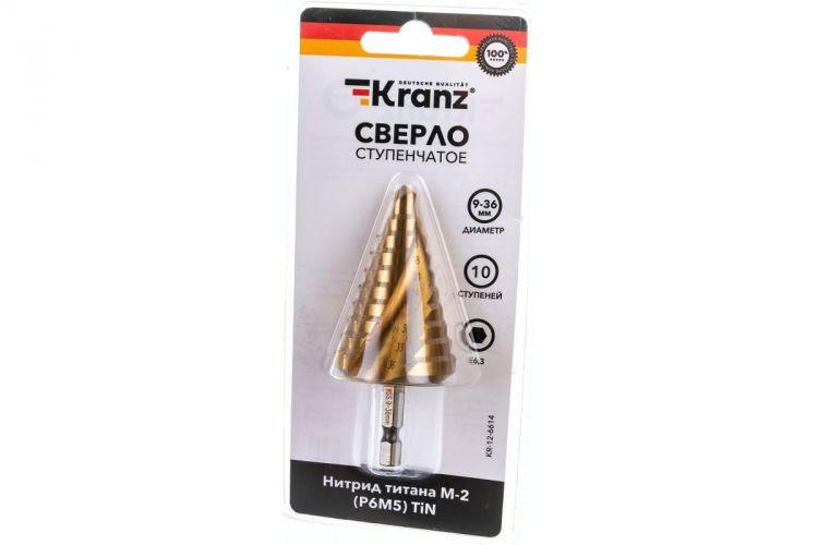 Сверло KRANZ KR-12-6614 по металлу ступенчатое ТИТАН 9,0-36,0 мм 110 mm 65 HRC Р6М5 TiN