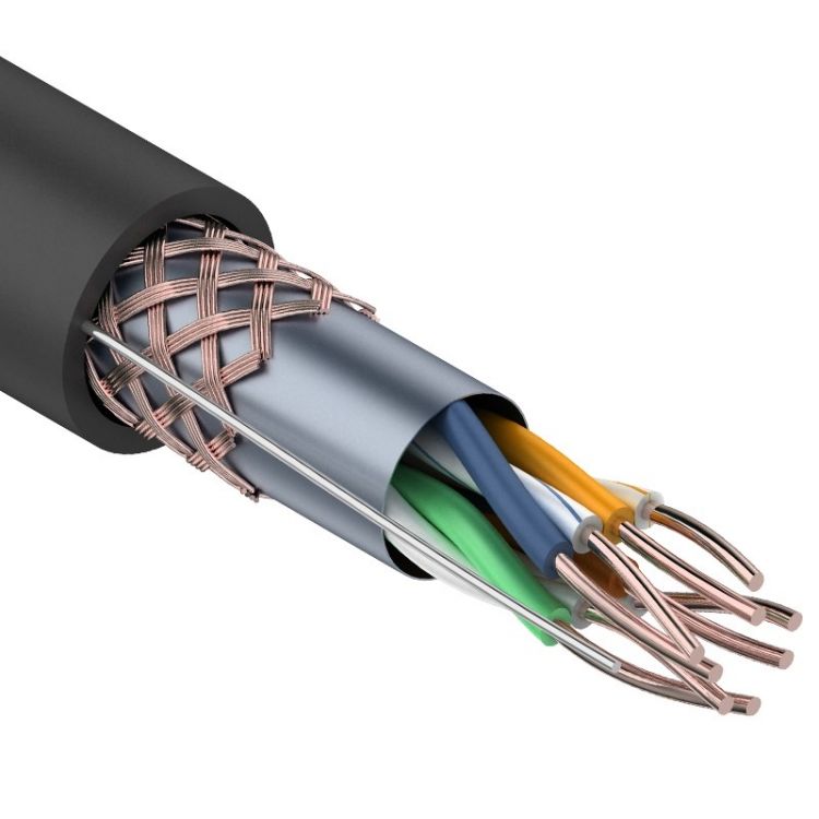 Кабель витая пара SF/UTP 5e кат. 4 пары Rexant 01-0344 24AWG(0.50 мм), медь, одножильный (solid), внешний, PE, чёрный, уп/305м