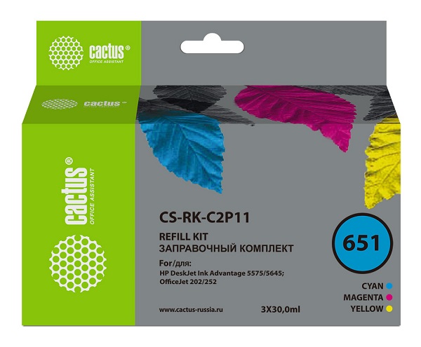 Заправочный комплект Cactus CS-RK-C2P11 №651 голубой/пурпурный/желтый 3x30мл для HP DJ 5575/5645