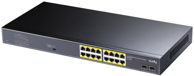 Коммутатор неуправляемый Cudy GS1020PS2 16-10/100/1000 BASE-T Gigabit ports,19-inch, 2-1000 BASE-X SFP Slot, 16-port IEEE 802.3at PoE+ Injector, Suppo