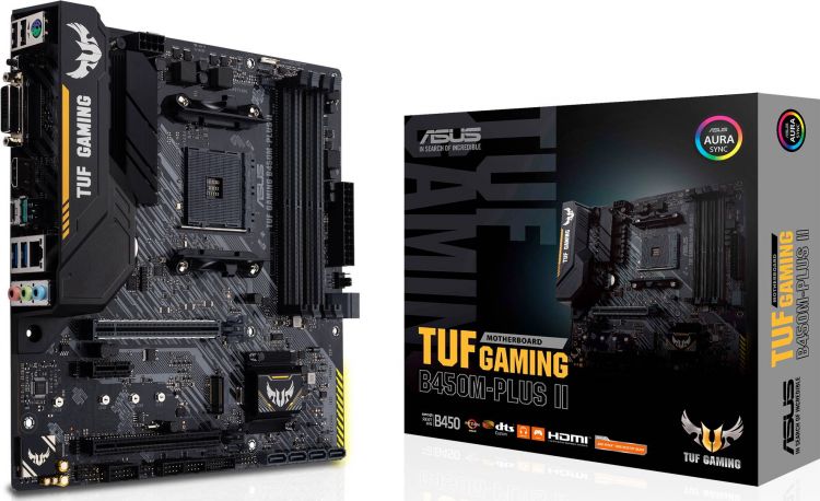  Материнская плата mATX ASUS TUF GAMING B450M-PLUS II (AM4, AMD B450, 4*DDR4(4400), 6*SATA 6G RAID, M.2, 3*PCIE, 7.1CH, Glan, 5*USB 3.2/USB Type-C, DVI