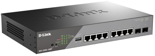 Коммутатор управляемый D-link DSS-200G-10MP/A1A 8x10/100/1000Base-T PoE 802.3af/at, PoE-бюджет 130Вт, дальность до 250м, 2x1000Base-X SFP PoE 802.3af/