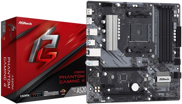   Xcom-Shop Материнская плата mATX ASRock A520M PHANTOM GAMING 4 (AM4, AMD A520, 4*DDR4(4733),4*SATA 6G RAID, 2*M.2, 3*PCIE, 7.1CH, Glan, HDMI, DP, 5*USB 3.2, 4*U