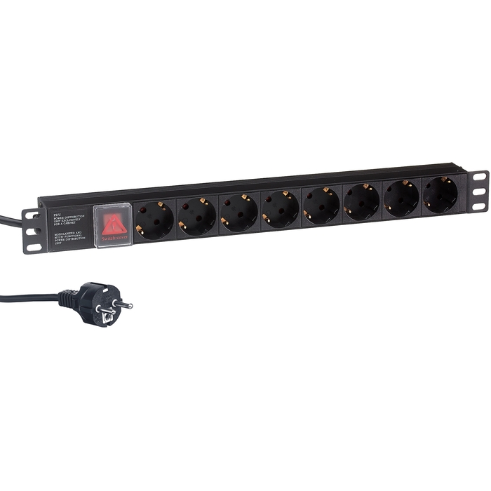 Блок розеток Exegate ServerPro PDU-19H804 Al-8S-EU2.5CU-SW EX280843RUS (19, 1U, Алюминий, 8 Schuko, кабель с евровилкой VDE-250V-16A-3*1.5mm2, медь,