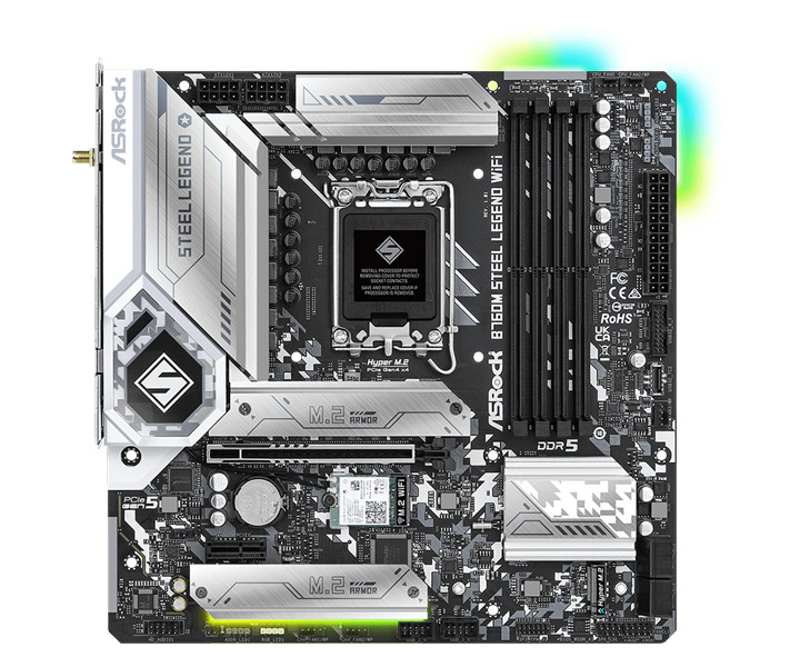 Материнская плата mATX ASRock B760M STEEL LEGEND WIFI (LGA1700, B760, 4*DDR5 (7200), 4*SATA 6G RAID, 3*M.2, 2*PCIE, 2.5Glan, WiFi, BT, HDMI, DP, USB T