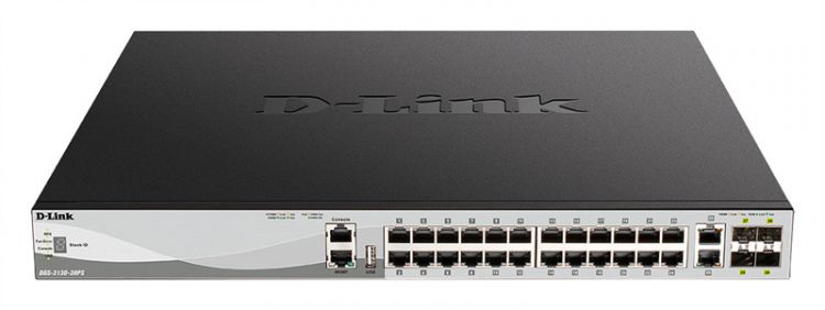 Коммутатор управляемый D-link DGS-3130-30PS/B2A 24x10/100/1000Base-T PoE (PoE-бюджет 370Вт), 2x10GBase-T, 4x10GBase-X SFP+, L3, stack