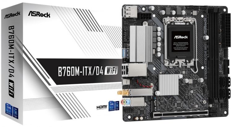 Материнская плата mini-ITX ASRock B760M-ITX/D4 WIFI (LGA1700, Intel B760, 2*DDR4 (5333+), 4*SATA3 6G, M.2, PCIe, Glan, WiFi, BT, VGA, HDMI, DP, USB Ty