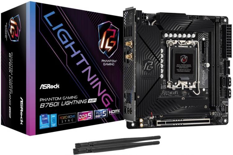 LGA1700 ASROCK  Xcom-Shop Материнская плата mini-ITX ASRock B760I LIGHTNING WIFI (LGA1700, B760, 2*DDR5 (4400), 3*SATA 6G RAID, PCIe, M.2, WiFi, BT, 5*USB 3.2, USB Type-C, HDMI