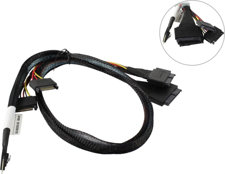 Кабель Amphenol CBL-8654-2-8639-10 Cable, x8 SFF-8654 to 2xU.2 SFF-8639, 0,8M (05-60005-00)