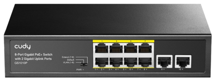 Коммутатор неуправляемый Cudy GS1010P 8 RJ-45 10/100/1000M PSE ports +2 RJ45 10/100/1000 Uplink Port PoE+ 120W, CCTV/VLAN mode support, long distance: