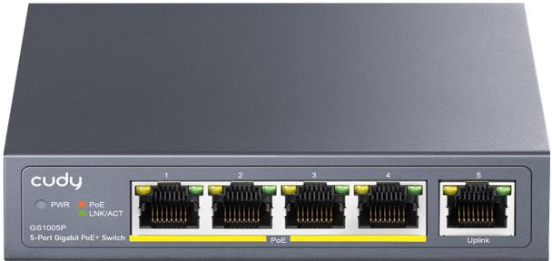 Коммутатор неуправляемый Cudy GS1005P 5-Port 10/100/1000M PoE+ 60W, 5 10/100/1000M ports with 4POE+ Ports with UL power adapter IEEE802.3af / IEEE802.