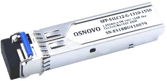 Модуль SFP OSNOVO SFP-S1LC12-G-1310-1550 до 1.25 Гбит/c, LC/12дБ/расстояние передачи до 3км/Tx 1310/Rx 1550/поддержка DDM