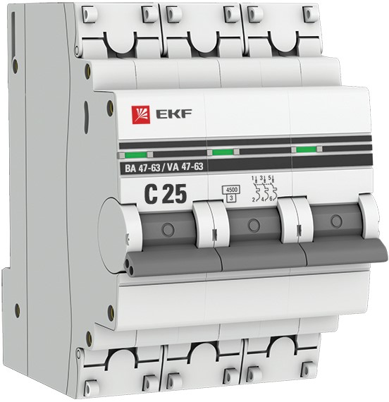 Автоматический выключатель EKF mcb4763-3-25C-pro трехполюсный 25А С ВА47-63 4.5кА PROxima