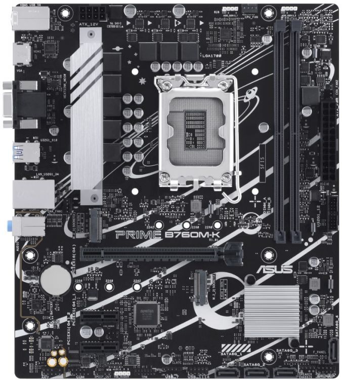 Материнская плата mATX ASUS PRIME B760M-K (LGA1700, B760, 2*DDR5 (8000), 4*SATA 6G RAID, 2*M.2, 3*PCIE, 2.5Glan, HDMI, VGA, 4*USB 3.2, 2*USB 2.0)