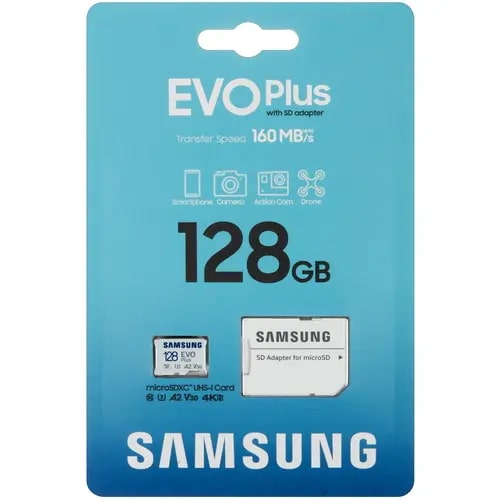 Карта памяти MicroSDXC 128GB Samsung MB-MC128SA/APC EVO Plus Class 10, A2, V30, UHS-I, W 90 МБ/с, R 160 МБ/с