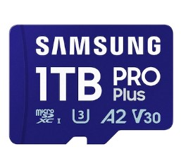 Карта памяти MicroSDXC 1024GB Samsung MB-MD1T0SA/APC PRO Plus Class 10, A2, V30, UHS-I (U3), W 130 МБ/с, R 180 МБ/с, адаптер на SD