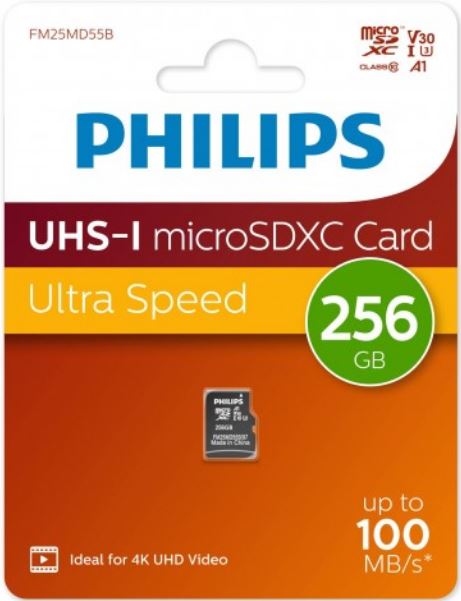 Карта памяти MicroSDXC 256GB Philips FM25MD55B/97 High Speed Class UHS-I U3, V30, A1, 100MB/s