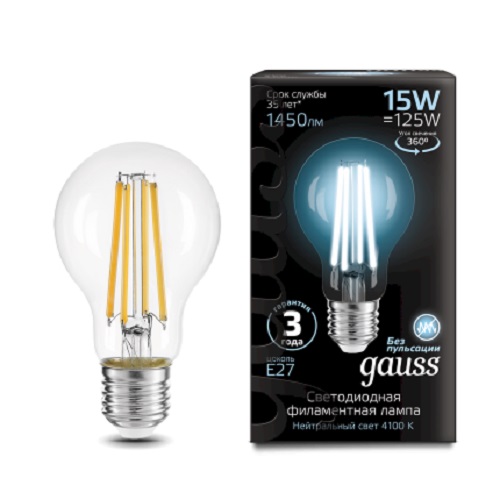 Лампа светодиодная Gauss 102902215 Filament 15Вт цок.:E27 груша 220B 4100K св.свеч.бел.нейт. (1шт)