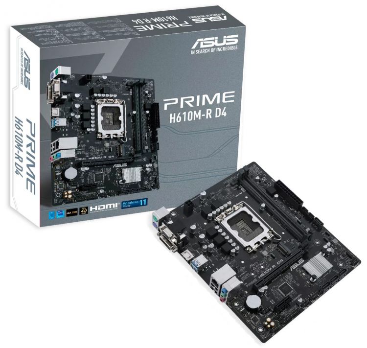 LGA1700 ASUS Материнская плата mATX ASUS PRIME H610M-R D4-SI (LGA1700, H610, 2*DDR4(3200), 4*SATA 6G, M.2, 2*PCIE, 5.1CH, Glan, 2*USB 3.2, D-Sub, DVI-D, HDMI)