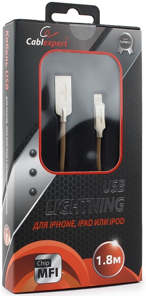 Кабель интерфейсный USB 2.0 Cablexpert CC-P-APUSB02Gd-1.8M MFI, AM/Lightning, серия Platinum, длина 1.8м, золотой, блистер