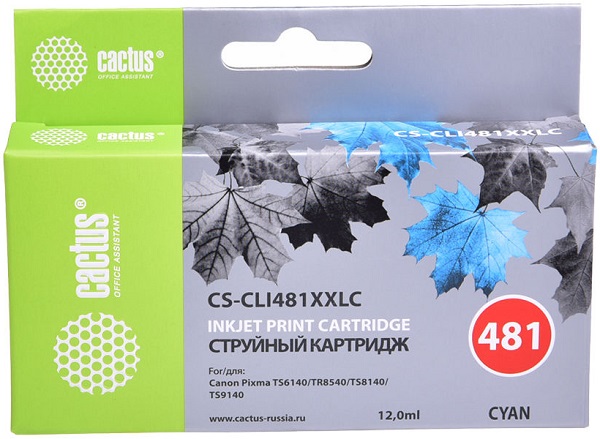 Картридж Cactus CS-CLI481XXLC голубой, 12мл, для Canon Pixma TR7540/TR8540/TS6140/TS8140