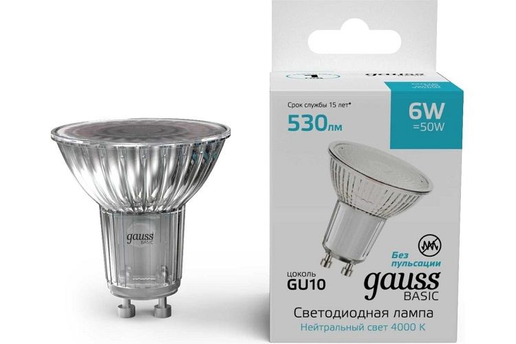 Лампа светодиодная Gauss 10106262 Basic 6Вт цок.:GU10 софит св.свеч.бел.нейт.