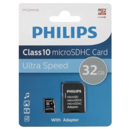 Карта памяти MicroSDHC 32GB Philips FM32MA45B/97 Class 10 (SD адаптер)