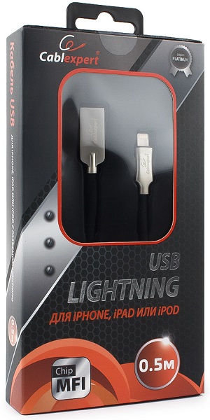 Кабель интерфейсный USB 2.0 Cablexpert CC-P-APUSB02Bk-0.5M MFI, AM/Lightning, серия Platinum, длина 0.5м, черный, блистер