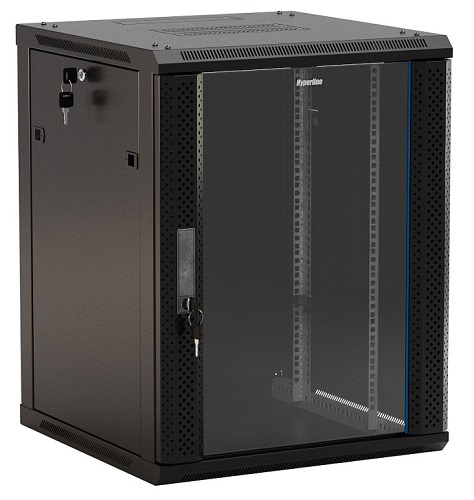 Шкаф серверный 19, 18U Hyperline TWB-1866-GP-RAL9004 908x600х600, стеклянная дверью с перфорацией по бокам, ручка с замком, цвет черный (RAL 9004) (р