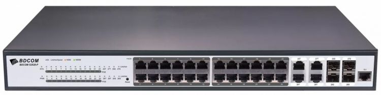 Коммутатор PoE BDCom S2528-P 24*GE PoE ports, 4*GE TX/SFP combo ports, standard AC220V power supply, 400W, the cooling fan, 1U, standard 19-inch rack-