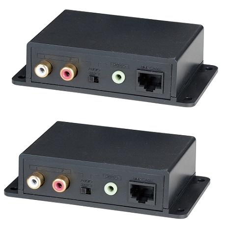Комплект SC&T AE02 для передачи стерео аудиосигнала на расстояние до 600 м по кабелю витой пары CAT5 и выше. Встроенный изолятор. Два приёмопередатчик